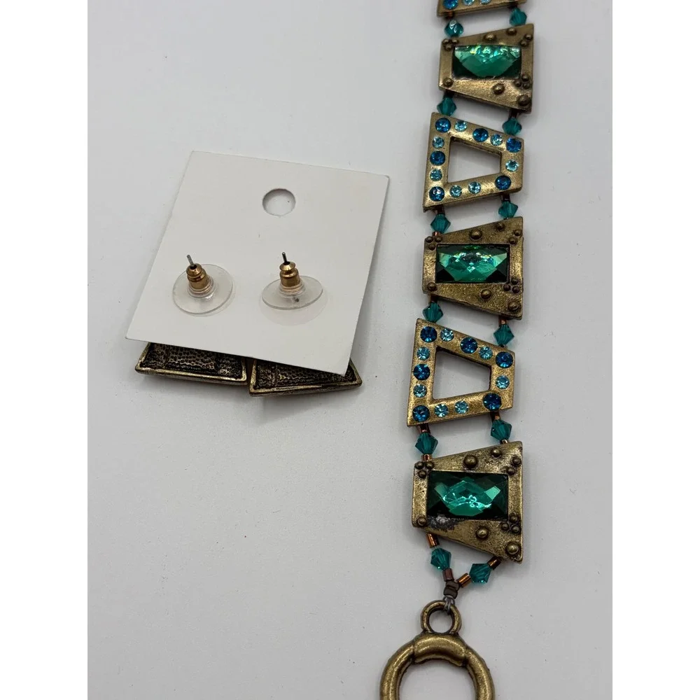 Sydney Andrews Green Crystal Brass Tone Geometric Bracelet and Earring Set